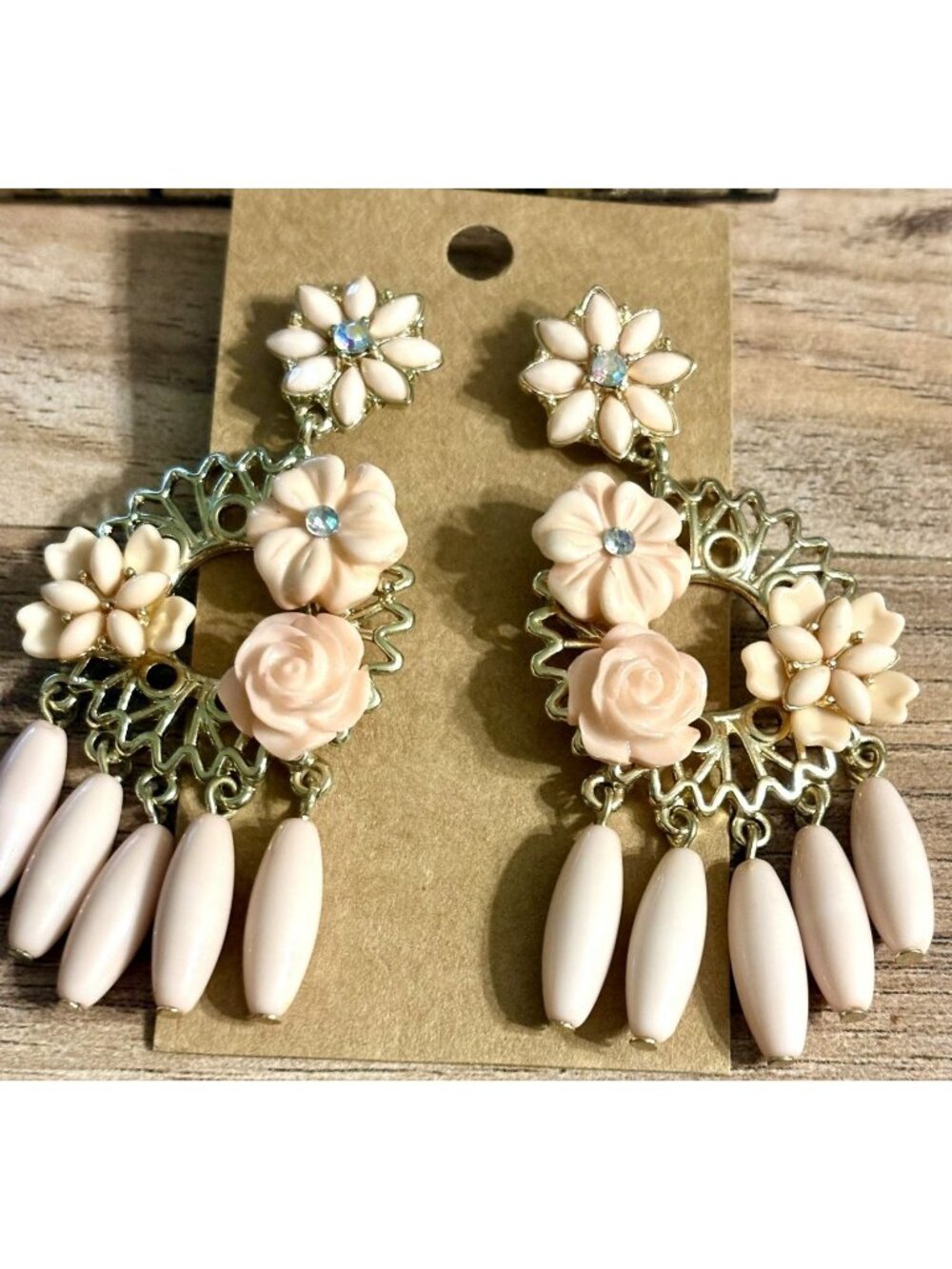 Vintage Elegant Floral Gold-Tone Dangle Earrings With Pink Resin Flowers & Beads